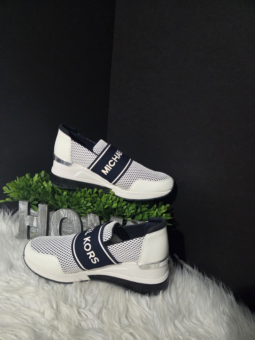Michael Kors Skyler White and Navy Slip-On Wedge Sneakers. Women Size 10